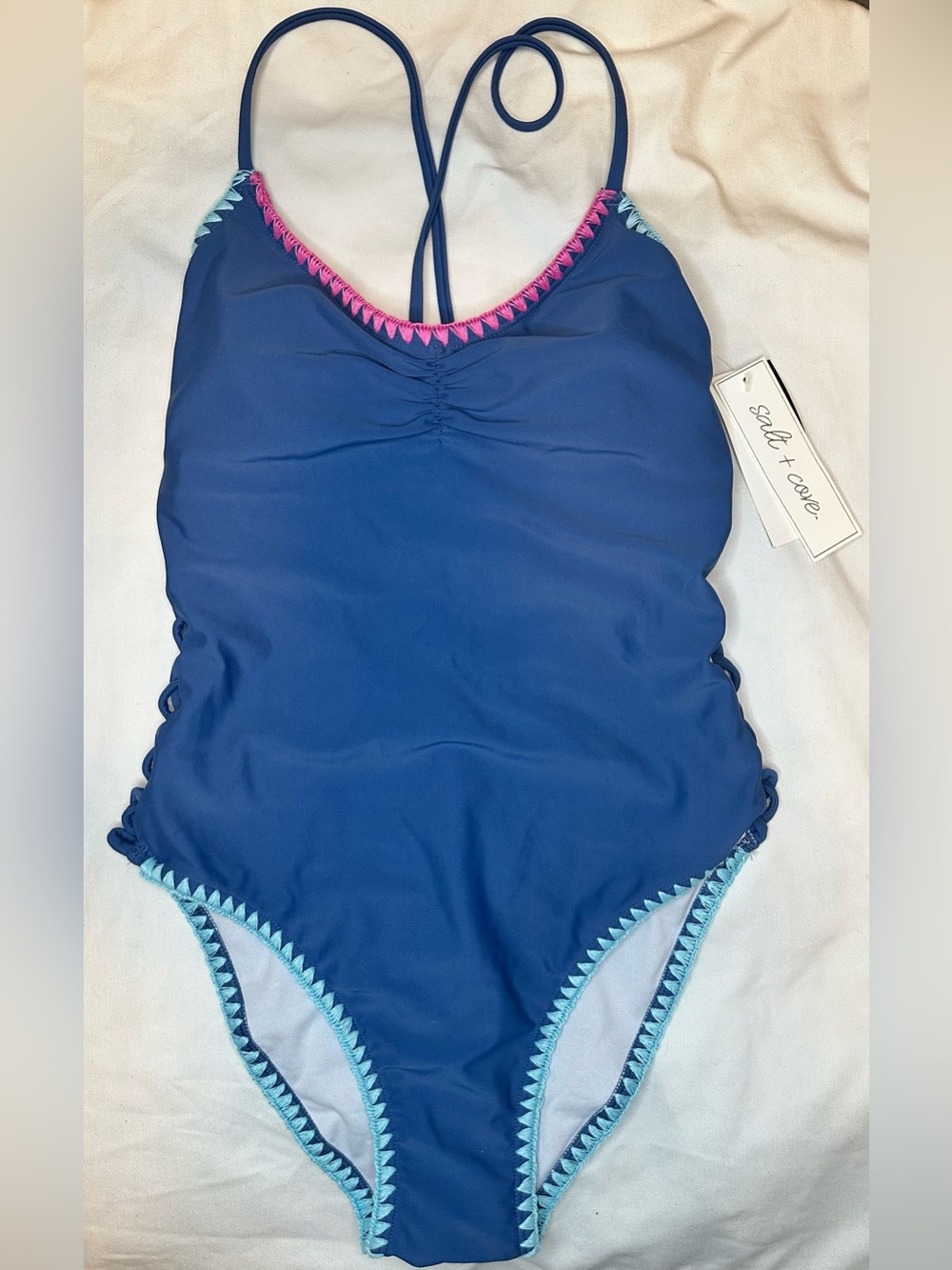 NWT Salt + Cove Blue Cutout One Piece Swimsuit Lace Up Side S